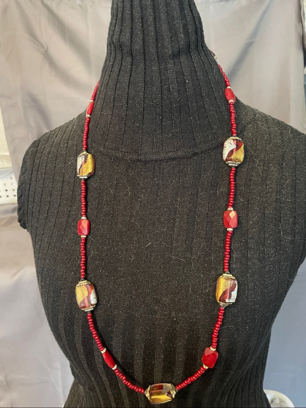 Red Beaded Necklace with Gold Accent Beads no plastic